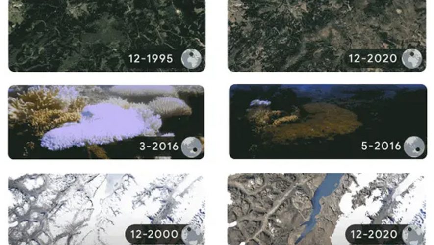 Google is celebrating Earth Day by showing satellite imagery showing melting glaciers, receding snow, deforestation and coral bleaching